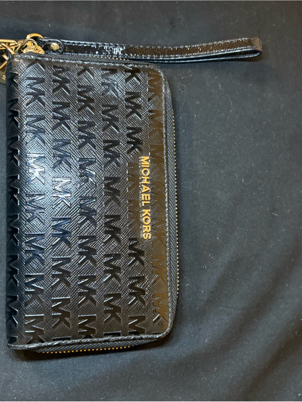 Michael Kors Black Patent MK Monogram Wristlet with Gold Hardware